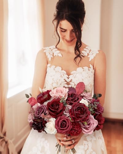 FACINOC Rose Artificial Flowers Burgundy Fake Flower Bulk for DIY Wedding Bouquets Bridal Baby Shower Centerpiece Table Decorations Silk Faux Floral Arrangements for Party Home Decor Indoor Red Mauve - color: Burgundy, Dusty, Mauve
