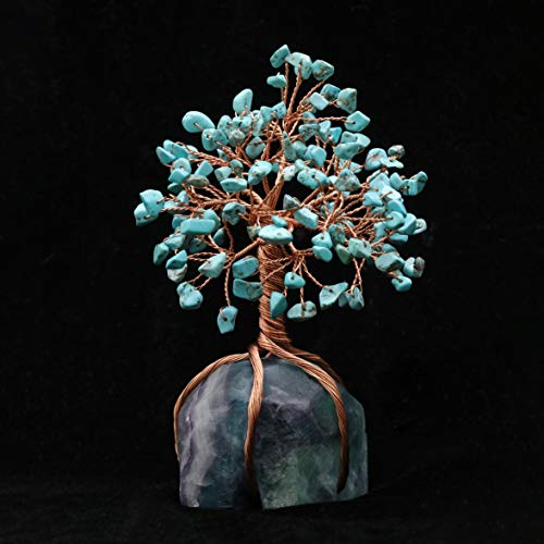 Crocon Howlite Green Turquoise Gemstone Money Tree with Fluorite Rough Wire Wrapped Base | Feng Shui Bonsai | Ornament Figurine | Chakra Balancing | Reiki Crystal Healing | Spiritual | Decor Size 5-6" - color: Ah Green Turquoise + Fluorite Base
