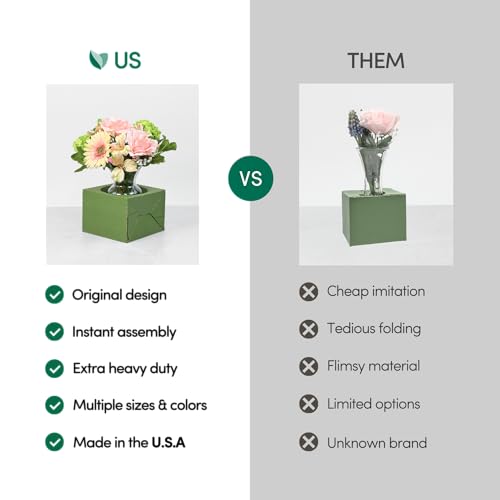 Holiday Designs - Pop-Up Florist Delivery Box, Heavy Duty Corrugated Cardboard Vase Boxes for Secure Floral Arrangements During Transport, 6.5 x 6.5 x 4.5 (Green, Medium: Case of 50) - color: Green, size: Medium: Case of 50