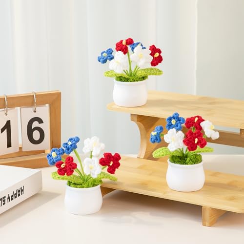 LAIDANLA Patriotic Crochet Flowers Forget Me Not Potted Plant, Handmade Red White Blue Knitted Flower Veterans Day Appreciation Gifts, 4th of July Desk Decorations for Women Teacher Coworker - color: Red, White, Blue