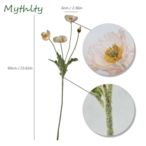 Set of 6 Poppies Flowers Artificial Silk Flowers with Long Stems Faux Wildflowers Bouquet for Vases Oil Pastel Style for Wedding Party Indoor Home Office Decor (Champagne) - color: Champagne