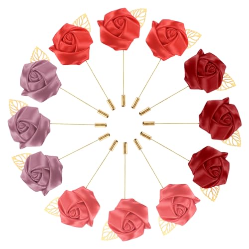 M METERXITY 1-Set Flower Lapel Pins for Men, Golden Leaf Rose Boutonnieres Pin for Wedding/Dance/Party, Mens Lapel Pins for Suits Satin Flower Corsage Hat Pins [Red Set] - color: Wine Red, Bright Red, Watermelon Red, Red Bean Paste
