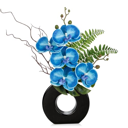 Briful Blue Orchid Fake Flowers with Black Vase, 16.1'' Artificial Orchid Silk Flowers Faux Orchid Arrangement for Home Office Room Table Centerpiece Modern Decoration - color: Blue Flowers Black Vase