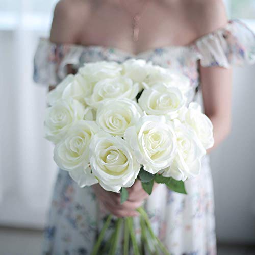 Hawesome 12PCS Artificial Silk Flowers Realistic Roses Bouquet Long Stem for Home Wedding Decoration Party (White, 12Pcs Flowers) - color: White, size: 12Pcs Flowers