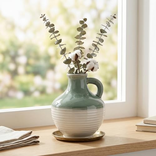 Sunddo Green and White Vase for Living Room, 6 Inch Small Ceramic Vase, Modern Pitcher Flower Vases Home Decor, Office Desk, Windowsill, Bathroom, Wedding Table Decor - color: Mist Green, size: 6 Inch