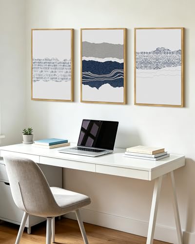 PHOPAGO Navy Blue Abstract Framed Wall Art Large 16x24in Mid Century Minimalist Boho Wall Decor Modern Neutral Farmhouse Rustic Art Bedroom Living Decor - Natural Framed - color: Blue Abstract, size: 24L" x 16W" x 3 Pcs Natural
