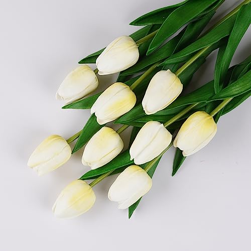 10Pcs Fake Tulips Yellow Realistic Flowers Real Touch PU Artificial Tulips with Stems Light Yellow Fake Spring Flowers for Home Decor Floral Arrangements Table Centerpieces - color: Yellow