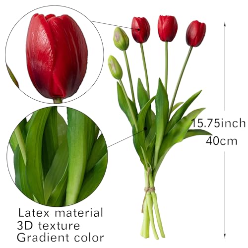 DUYONE 15Pcs Artificial Tulips Flowers, Soft Touch Realistic Latex Tulips Bouquet for Home Office Wedding Party Garden Decor, Fake Flowers for Centerpieces Dining Table Living Room Spring-B Red - color: B Style-15pcs Red (No Vase)