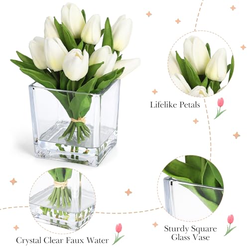 White Artificial Tulips in Vase with Faux Water, 7.4 Inch Real Touch Fake Tulips, Small Flower Arrangement in Cube Glass Vase for Mother's Day, Table Centerpiece, Wedding, and Home Decor - color: White, size: Tulip, PU