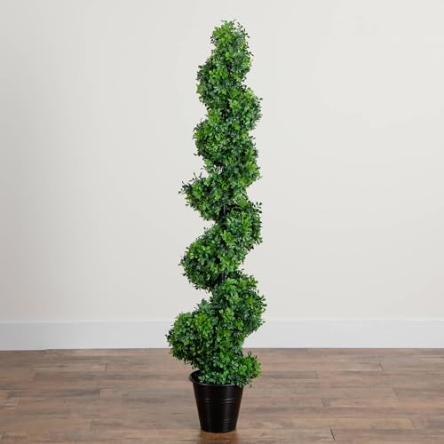 Nearly Natural 5ft. UV Resistant Boxwood Spiral Topiary Artificial Tree in Decorative Planter (Indoor/Outdoor)