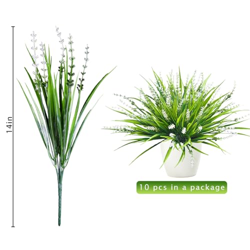 10 Pcs Artificial Plants Outdoor, UV Resistant Fake Outdoor Flowers Plants Faux Plastic Monkey Grass for Outside Front Porch Garden Window Box Home Office Planters Desk Decor (White) - color: White, size: 10pcs