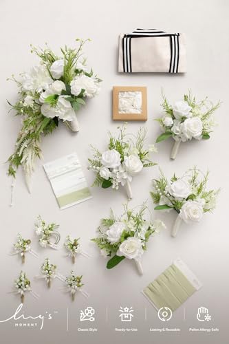 Ling's moment Wedding Artificial Flowers Package, Bridal Bouquet, Bridesmaid Bouquets, Boutonniere for Men, Rose Petals.Lily Valley White - color: Wht-lily Valley & White