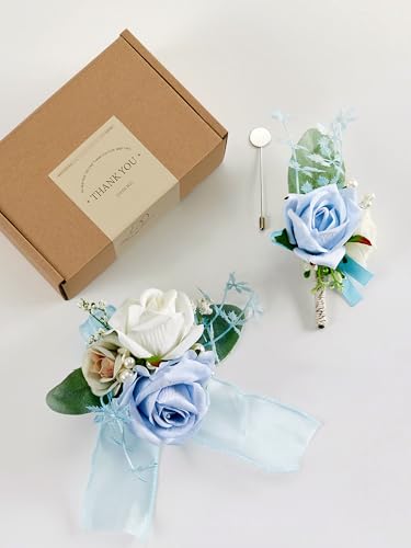 SITUMEIZI 2Pcs Blue Corsage and Boutonniere Set Wrist Corsage Bracelets and Boutonniere for Men Wedding Prom Party Suit Decor - color: Light-blue