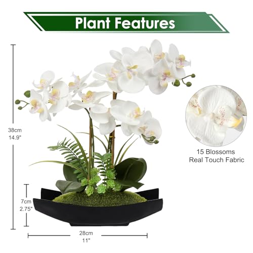 Briful Orchid Artificial Flowers 15in White Fake Orchid Silk Flowers with Black Pot Faux Phalaenopsis Arrangement for Home Office Room Table Centerpiece Modern Decor - color: Black White