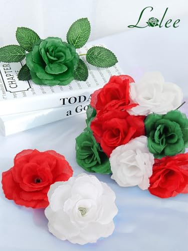 108pcs Roses Head Flowers with Stem - Red & Green White Italian Artificial Flowers Rose Bulk - Silk Rose Fake Flower for Mexico Italy Bridal Wedding Bouquet Baby Shower Centerpieces Christmas Decor - color: Green-red-white