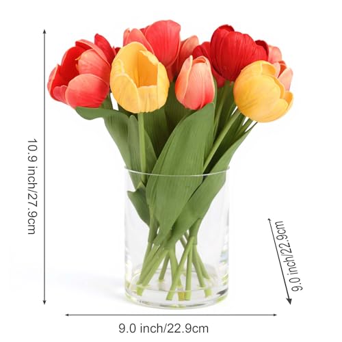 Realistic Fake Flowers Artificial Tulip Arrangement with Glass Vase, Adjustable Stems, for Home Living Room Table Office Wedding Decoration（Mixed Colors） - color: Mixed Colors