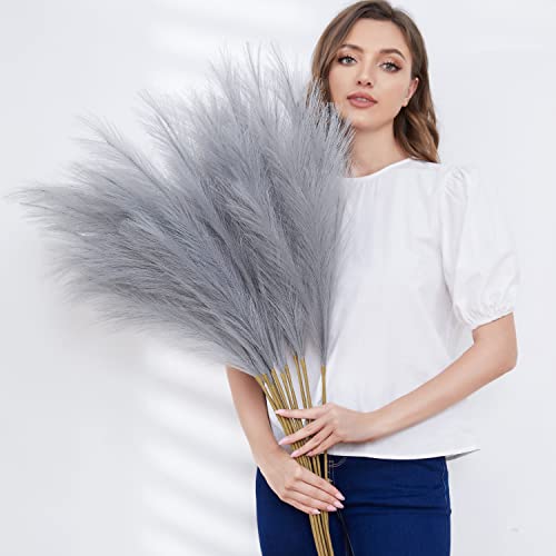 Faux Pampas Grass, Set of 9 Stems 37'' Tall Fluffy Fake Pompas Floral, Large Artificial Pompous Branches for Floor Vase Fillers, Pompas Decorativas, Boho Farmhouse Wedding Home Decor(Grey) - color: Grey