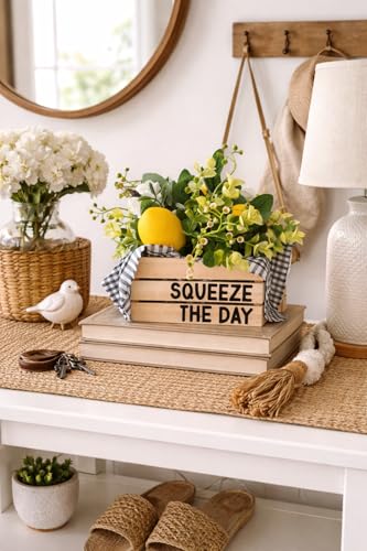 Lemon Decor | Mini Crate with Fake Lemons | Squeeze the Day, 5" W x 6" H | Lemon Decorations for Kitchen | Boho Kitchen, Cottage Core Decor | Lemon Themed Gifts (Squeeze The Day) - style: Squeeze The Day