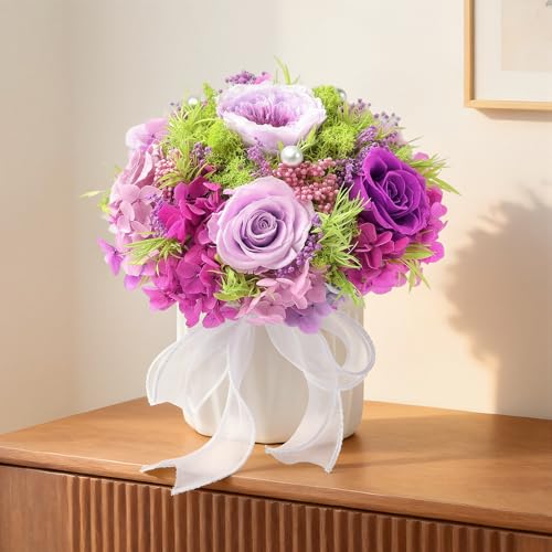 Preserved Flower Bouquet with Vase for Delivery Prime | Natural Forever Rose Gift For Women (Pink Eternal Floral Arrangement) - color: Pink