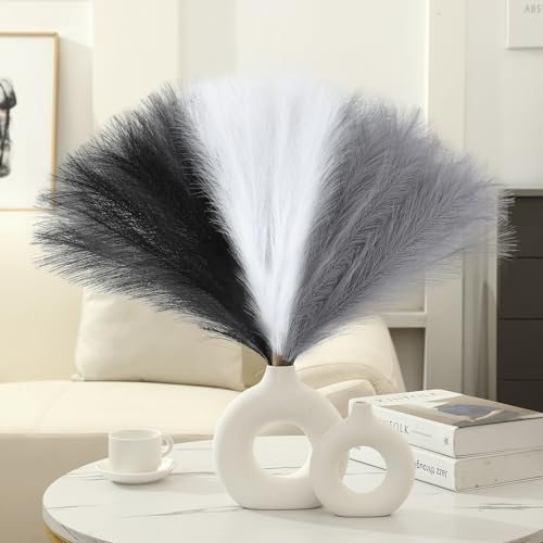 Ureymx Faux Pampas Grass Decor 17.7 Inch 6pcs, Artificial Pampas Grass Fluffy Home Decor, Short Vase Room Decor pompous Grass Flower Arrangement for Boho Home Wedding Decoration (Black,White,Grey) - color: Black,white,grey, size: 17 Inch 6 Pcs