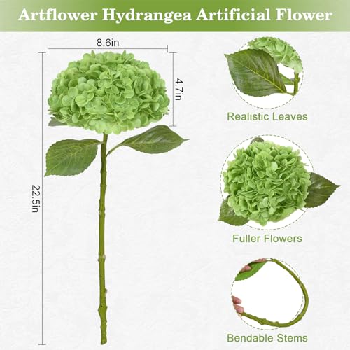Artflower 4Pcs Real Touch Hydrangea Artificial Flowers, 22.5'' Green Full Latex Faux Hydrangea Flowers for Home Floral Arrangements Wedding Bouquets Kitchen Table Centerpiece Decorations - color: Green, size: 4 Pcs