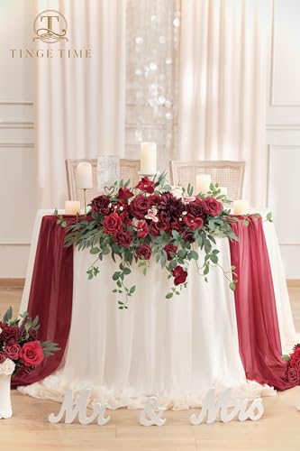 TINGE TIME Artificial Sweetheart Flower Swag with Tablecloth and Table Runner, Pack of 3 Floral Arrangement for Wedding Sweetheart Table Centerpiece Decoration (Burgundy Red) - color: Burgundy