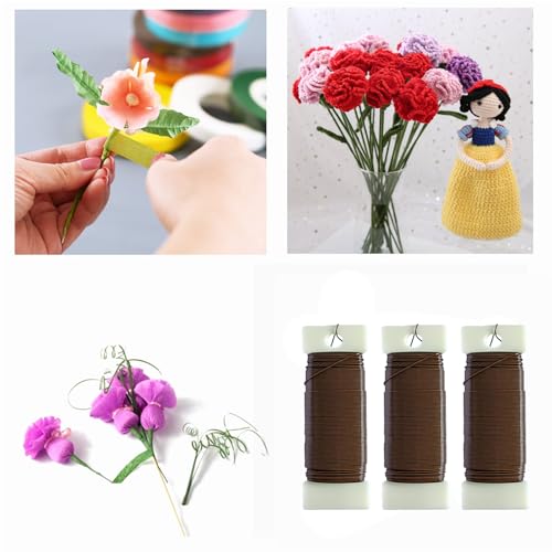 3 Rolls 22 Gauge Brown Paddle Wire Flexible Floral Wire for Flower Arrangement, Wreath, Garland - color: Brown