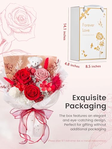 Polylove Forever Flower Bouquet Flowers for Delivery Prime Preserved Roses with Bear Gift Box for Wife Women Mother Day Anniversary Birthday (Red) - color: Red