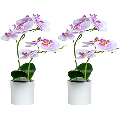 XONOR Artificial Orchid Flowers, 2 Pieces Potted Orchid Flowers with Plastic Vase for Table Centerpiece Home Decor Office Wedding Party Decoration - color: Purple