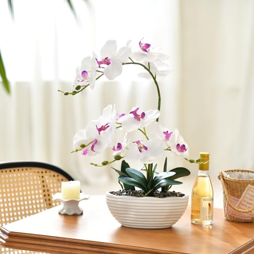 19" H Phalaenopsis Faux Orchid Plant Silk Orchid Centerpiece Artificial Floral Arrangement in Ceramic Pot (White) - color: White