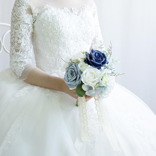 Wedding Bouquets for Bride Bridesmaid, Artificial Dusty Blue Bride Flower Bouquet for Wedding Church Decoration Ceremony, Anniversary, etc, Roses Flowers - color: Dusty Blue & Ivory & Navy Blue
