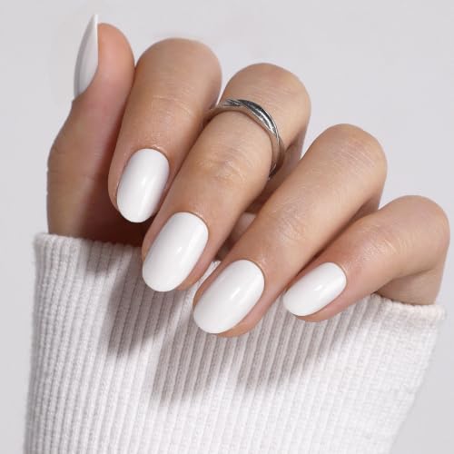 32Pcs Soft Gel Press on Nails for Women, Solid All White, Short Oval | Solid Color Glossy False Fake Nails Press Ons for Office Daily Wear, Salon Quality Reusable Glue & Stick on Nail Gift Kit - color: 5K-Solid All White