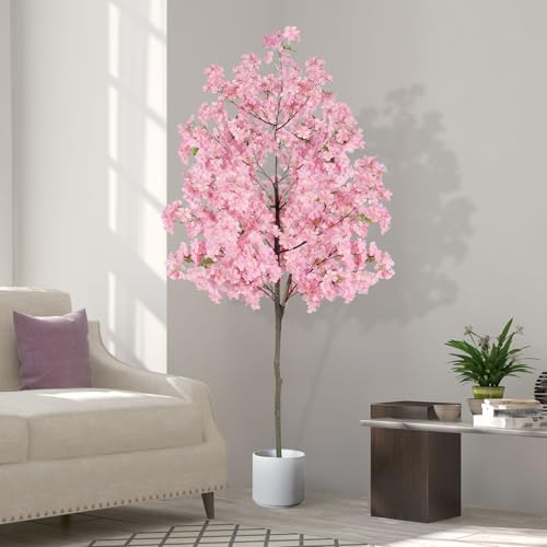 6Ft Tall Cherry Blossom Artificial Tree, Fake Tree Faux Silk Plant with Plastic Nursery Pot,Artificial Plants for Home Office Indoor Decor(Pink) - size: 6Ft