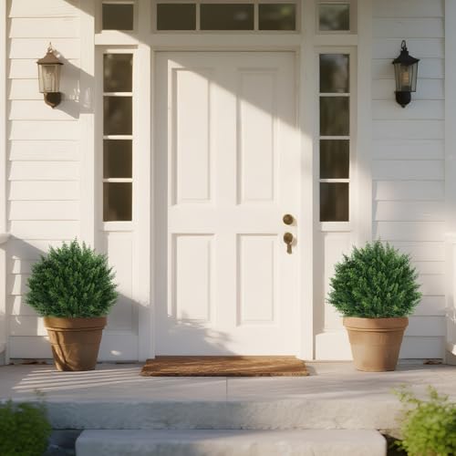 Yangrass Artificial Set of 2 Cedar Topiary Ball Trees 23" for Outdoors with Ground Spike, UV Resistant Faux Cypress Plants, Evergreen Shrubs Bushes for Front Porch Garden Backyard Decor - color: Cedar