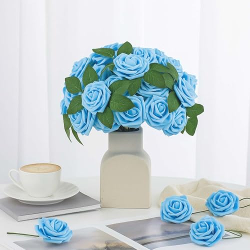100 Pcs Artificial Foam Rose Flower Faux Bouquet Wedding Fake Rose Gift for Mother's Day Women DIY Bridal Shower Party Table Birthday Home Spring Decor (Light Blue) - color: Light Blue