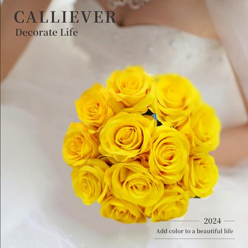 12pcs Rose Artificial Flowers, Fake Rose Silk Flower Bouquet, Faux Roses with Stems - 50cm, Roses Decor for Wedding & Home Decoration (Yellow) - color: Yellow