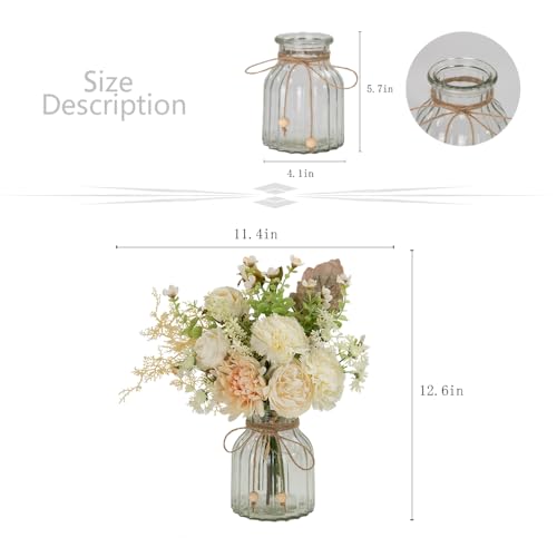 LESING Fake Artificial Flowers with Vase Faux Silk Flower Bouquet in Glass Vase Rose Floral Arrangements Flower for Home Office Decoration, Dining Table Centerpiece (White) - color: White