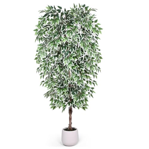 Jocoevol 7FT Artificial Ficus Tree, Tall Faux Trees Indoor with White Planter, Dried Moss, Natural Silk Leaves & Trunk, Fake Plants for Home Living Room Office Corner Decor Housewarming Gift - color: White Border, size: 7ft