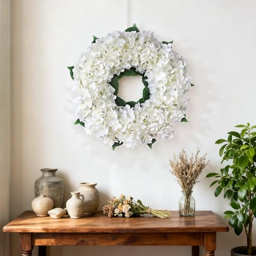 21" Artificial Hydrangea Flower Wreath for Front Door Spring Summer(White) | Premium Material,Long-Term Use,Full and Plump Flower Wreath Greenery,Ideal for Home Mantel Wall Farmhouse Outdoor Decor