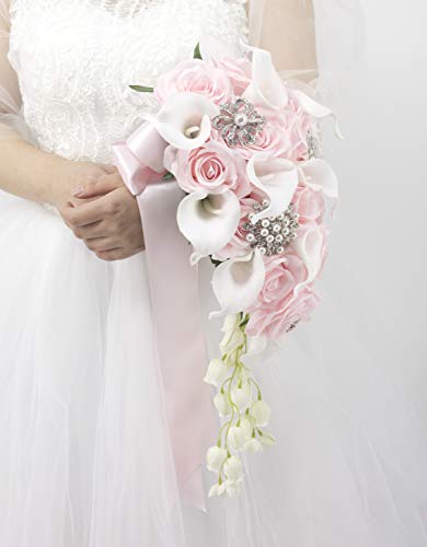 Ansuma White Calla Lily and Rose Cascading Bride Bouquet Waterfall Wedding Flower - Lily Rhinestone Jewelry Brooches and Satin Ribbon Décor (Pink) - color: Pink