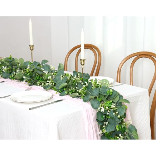 Eucalyptus Garland, 2 Packs 5.9FT Greenery Garland with Gypsophila Flowers Artificial Faux Silver Dollar Eucalyptus Leaves Fake Vines for Indoor Outdoor Table Mantle Home Party Wedding Decor - color: Style-03, size: 2PCS