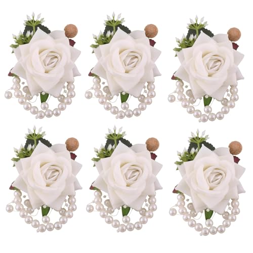 Ivory Wrist Corsages Set of 6 for Bridal Bride Bridesmaid Women Artificial Hand Flower Formal Party Wrist Corsage Pearl Band Wristlet Wedding Prom Homecoming Ivory - color: Ivory Corsages ( 6pcs )
