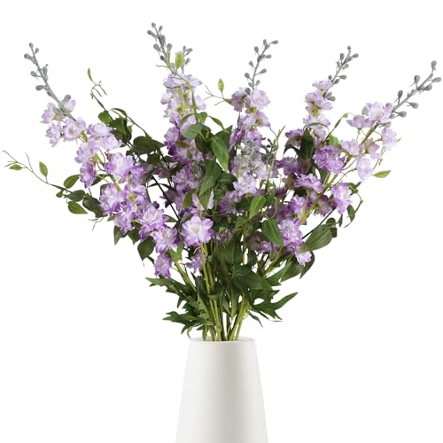 IPOPU Purple Fake Flowers 9pcs Delphinium Artificial Flowers with Clematis Greenery Stems 33.5" Bluebonnet Flowers Larkspur Snapdragon Tall Fake Flowers for Home Bridal Shower Party Decor (Purple) - color: Purple