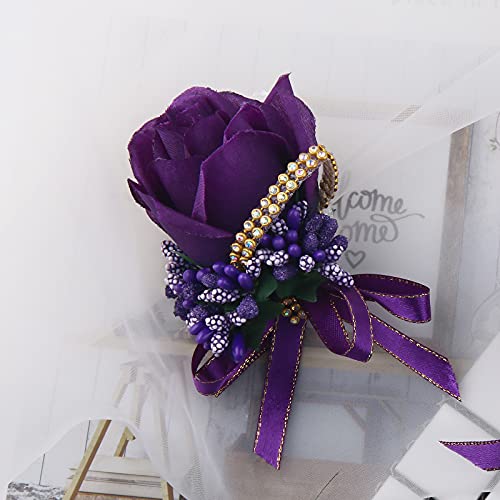 Wrist Corsage 4 Packs Wedding Bridal Wrist Corsage Flower Rose Wristband Purple Rose Corsage for Bride Bridesmaid Perfect for Wedding, Prom, Party (4 Packs, Wrist Flower-Purple) - color: Corsage- Purple, size: 4 Packs