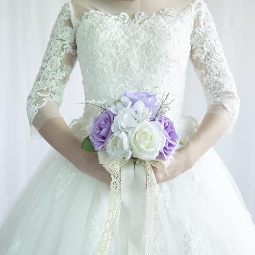 Wedding Bouquets for Bride Bridesmaid, Artificial Lilac Bride Flower Bouquet for Wedding Church Decoration Ceremony, Anniversary, etc, Roses Flowers - color: Lilac & White & Ivory