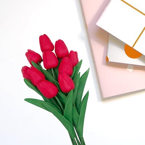 Red Flowers Fake Tulips Artificial Flowers, 13 Inch Real Touch PU Flowers for Decoration, 10 Pcs Tulip Flowers Bouquet for Vase, Mother's Day Easter Valentines Gifts - color: Red