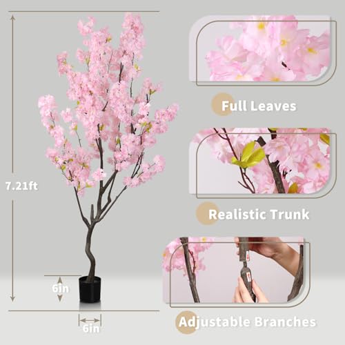 Faux Modern Pink Cherry Blossom Tree 7ft(84in)Tall Artificial Japanese Sakura Tree Decor Natural Fake Pink Floral Tree for Wedding Realistic Silk Plant in Pot for Home Living Room,Office,Outdoor Decor - color: Cherry Blossom(pink 5), size: 7ft