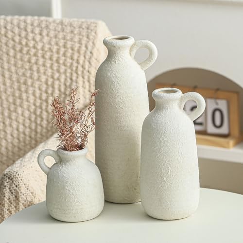 Ceramic Vase Set of 3 with Handle, Neutral Rustic Vases Home Decor Farmhouse Decorative Vase Whitewashed Pottery Decor Modern for Table Mantel Entryway Bookshelf Living Room Kitchen Bedroom - White - color: 010 Vase Set With Handle - White