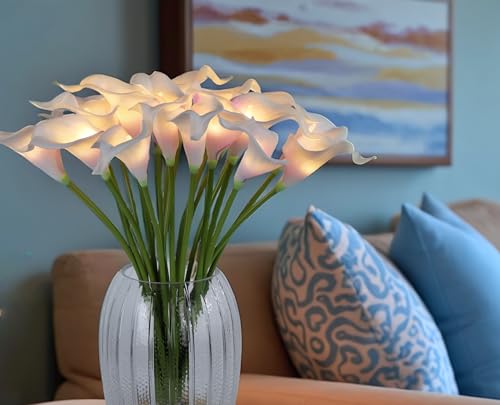 LED Lighted Artificial Flowers Calla Lily Bouquet Lamp 20 stems Real Touch Calla Faux Flower Lights for Valentine's Day Gift and Easter Home Kitchen Wedding Dining Table Decor(Whitepurple, No Vase) - color: Whitepurple