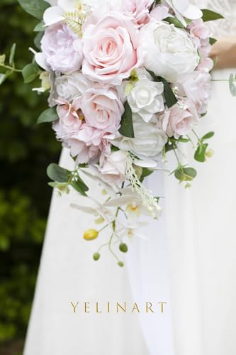 10 Inch Blush Wedding Bouquets for Bride Artificial Roses Flower Cascading Cascade Bridal Bouquet for Rustic Boho Fall Vintage Wedding Ceremony Party and Anniversary - color: Blush